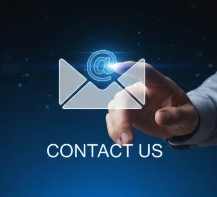 photo of a hand with a finger tapping a screen that says contact us