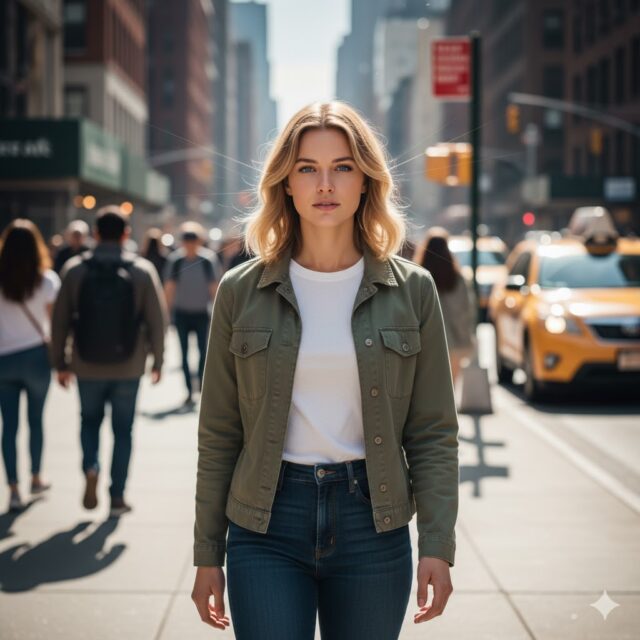 young woman walking on a busy city sidewalk while being situational aware of her surroundings