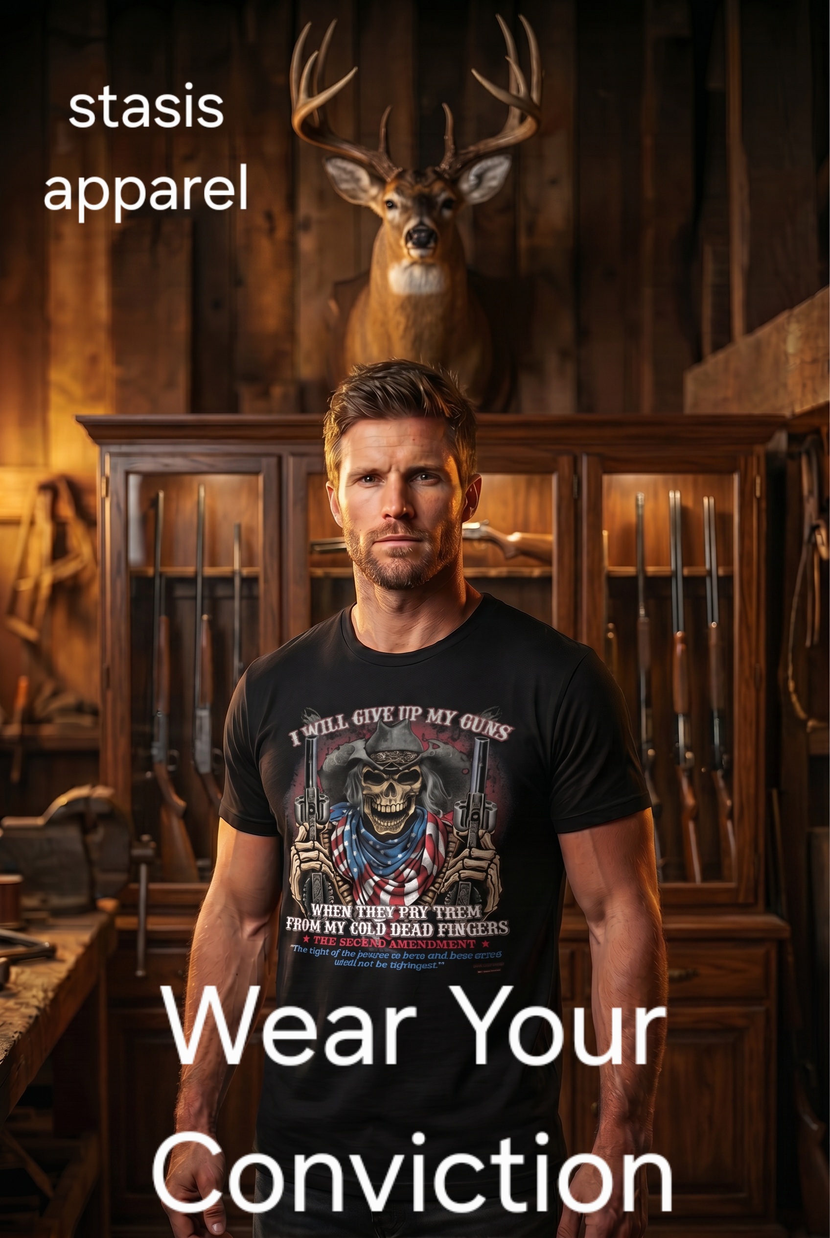 Six Shooter Skeleton tee shirt from stasis apparel. Wear your conviction.